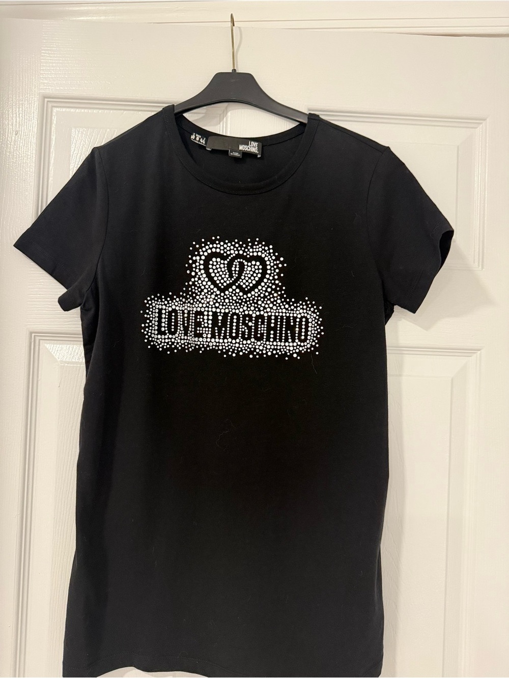 Love Moschino Black Tee with Silver Rhinestone Heart Logo